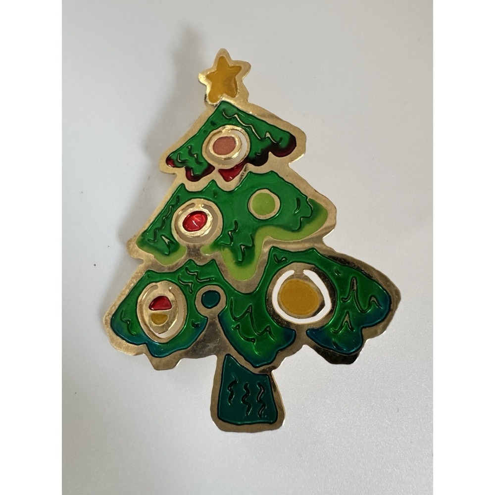 Vintage 1980s Enamel Christmas Tree‎ Brooch Pin Gold Tone Holiday Statement 2.5”